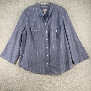 Chico's Women's Blue Button Up Top Silver Metallic Stripe 100% Cotton Size 2 (M)